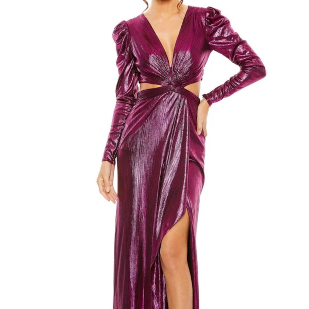 Mac Duggal 27060 Princess Sleeve cut out Metallic Gown in Fuchsia Size 8